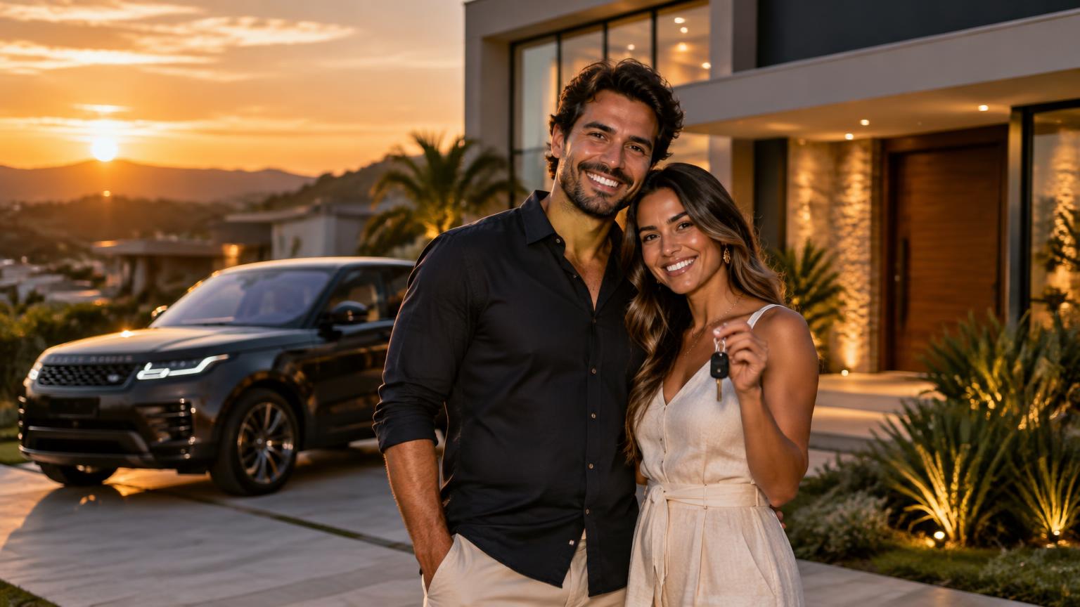 Casal recebendo as chaves da casa nova, planejando o futuro com consórcio