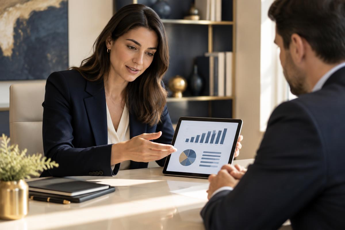 Consultora apresentando gráficos em um tablet para um cliente